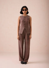 A Model Wearing Brown Handwoven Cotton The Hazel Sun Handspun Handwoven Organic Cotton Waistcoat, curated by Only Ethikal