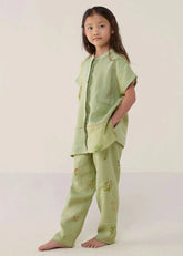 A Model Wearing Mint Linen Kids Nama Floral Linen Pant- Mint, curated by Only Ethikal