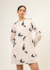 A Model Wearing Multicolor Upcycled Denim Carrie Printed Dress, curated by Only Ethikal