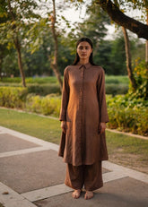 A Model Wearing Brown Wool Aleeza Set- Brown , curated by Only Ethikal