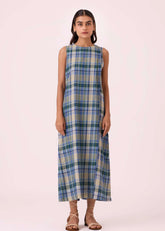 A Model Wearing Multicolor Handwoven Cotton Julia Blue Handwoven Dress, curated by Only Ethikal