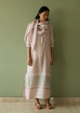A Model Wearing Pink Linen Ilma Metallic Stripes Handwoven Linen Scarf- Blush, curated by Only Ethikal