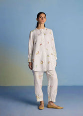 Anya Hand-Embroidered Floral Linen Co-Ord Set-White