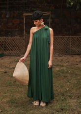 A Model Wearing Green Bemberg Darly Emerald Dress, curated by Only Ethikal