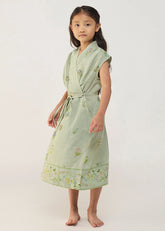 A Model Wearing Mint Linen Kids Mema Shawl Printed Collar Linen Dress- Mint, curated by Only Ethikal