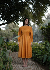 A Model Wearing Yellow Wool Sunflower Dress , curated by Only Ethikal