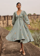 A Model Wearing Grey Pure Cotton Pepla Dress curated by Only Ethikal