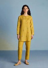 Anya Hand-Embroidered Floral Linen Co-Ord Set-Ochre