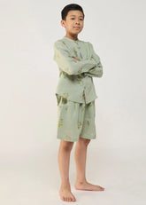 A Model Wearing Mint Linen Kids Akio Floral Linen Shirt- Mint, curated by Only Ethikal