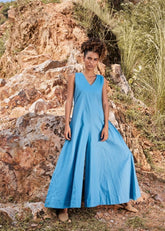 A Model Wearing Blue Pure Cotton Whisper Of AirJumpsuit,curated by Only Ethikal