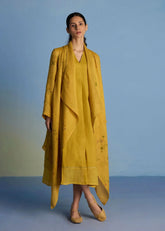Ita Pleated Linen Dress And Overlay-Ochre