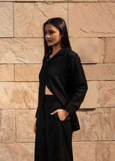 A Model Wearing Black Wool Black Mahoniacoord Set , curated by Only Ethikal