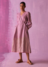 A Model Wearing Lavender Linen Zaina Metallic Wrap Dress- Lavender, curated by Only Ethikal