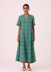 A Model Wearing Green Handwoven Cotton Clover Green Handwoven Dress, curated by Only Ethikal