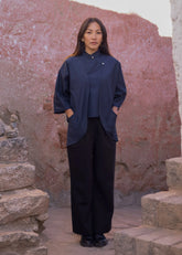 A Model Wearing Blue Cotton Linen Blue Cotton Linen Shambala Slip On, curated by Only Ethikal