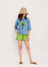 Coco Blue Embroidered Top & Green Shorts Set (2 Pcs)