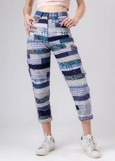A Model Wearing Blue Upcycled Cotton June Patchwork Pants, curated by Only Ethikal