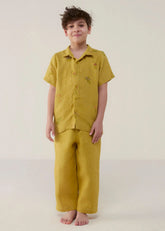 A Model Wearing Yellow Linen Kids Kabo Floral Linen Shirt- Ochre, curated by Only Ethikal