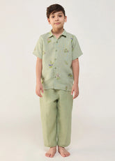 A Model Wearing Mint Linen Kids Kabo Floral Linen Shirt- Mint, curated by Only Ethikal