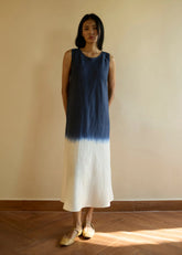 A Model Wearing Grey Linen Iro Ombre Hand-Dyed Linen Dress- Navy, curated by Only Ethikal
