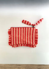 Sustainable Quilted Cotton Travel Pouch Flat Frill Organizer- Pink & Red Stripes