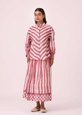 A Model Wearing Multicolor Handwoven Cotton Henry Rhubarb Striped Ikat Shirt, curated by Only Ethikal