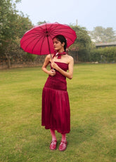 A Model Wearing Red Bemberg Cherry Dress, curated by Only Ethikal