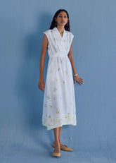Mema Shawl Collar Printed Linen Dress - White