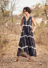 A Model Wearing Black Cotton Mul Black forestJumpsuit,curated by Only Ethikal