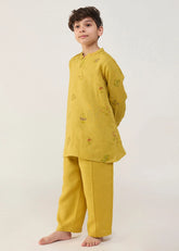 A Model Wearing Yellow Linen Kids Jay Forever Linen Kurta- Ochre, curated by Only Ethikal