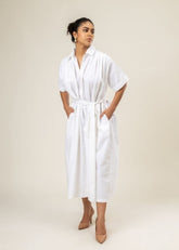 A Model Wearing White Upcycled Cotton Zora Dress, curated by Only Ethikal