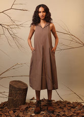 A Model Wearing Beige, Brown, Green, Blue Pure Cotton Roots Hooded Vita Dress, curated by Only Ethikal