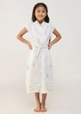 A Model Wearing White Linen Kids Mema Shawl Printed Collar Linen Dress- White, curated by Only Ethikal