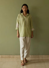 A Model Wearing Green Linen Risa Stripe Linen Co-Ord Set- Meadow, curated by Only Ethikal