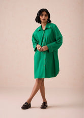 A Model Wearing Green Poplin The Forest Everyday Classic Organic Cotton Shirt Dress, curated by Only Ethikal