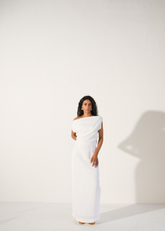A Model Wearing White Linen 100% Linen Asymmetrical Straight Dress | White, curated by Only Ethikal