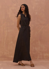 A Model Wearing Charcoal Linen Maya Linen Wrap Dress- Charcoal, curated by Only Ethikal