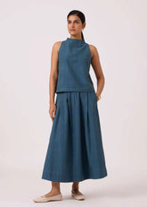 A Model Wearing Blue Handwoven Cotton Ernest Blue Handwoven Cropped Top, curated by Only Ethikal