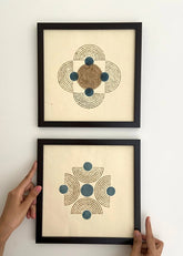 Blue And Yellow- Handblock Printed Artwork On Handmade Paper- 10" X 10"- Set Of Two