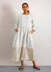 A Model Wearing Ivory Linen Estelle Metallic Linen Midi-Dress With Pockets - Ivory, curated by Only Ethikal