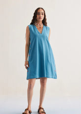 A Model Wearing Blue Organic Cotton Marine Summer Cotton Blue Dress , curated by Only Ethikal
