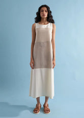 A Model Wearing Multicolor Linen Miki Color-Blocked Linen Dress- Dawn, curated by Only Ethikal