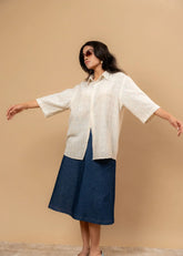 A Model Wearing Beige Upcycled Fabric Vivianne Unisex Shirt, curated by Only Ethikal