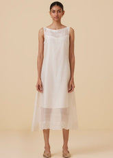 A Model Wearing White Handwoven Cotton Reyah Handwoven Embroidered Midi Dress , curated by Only Ethikal