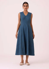 A Model Wearing Blue Handwoven Cotton Emy Blue Handwoven Dress, curated by Only Ethikal