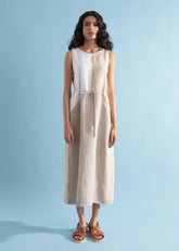 A Model Wearing Multicolor Linen Asuka Color-Blocked Dress- Dawn, curated by Only Ethikal