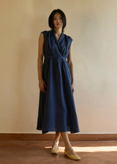 A Model Wearing Navy Linen Kara Shawl Collar Linen Dress- Navy, curated by Only Ethikal