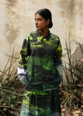 A Model Wearing Multicolor Upcycled Cotton Earo Green Shirt, curated by Only Ethikal