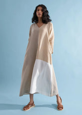 A Model Wearing Multicolor Linen Anzu Color-Blocked Dress- Dawn, curated by Only Ethikal
