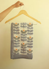 Mid-Modern Blue And White Floral Cotton Scarf- Stole